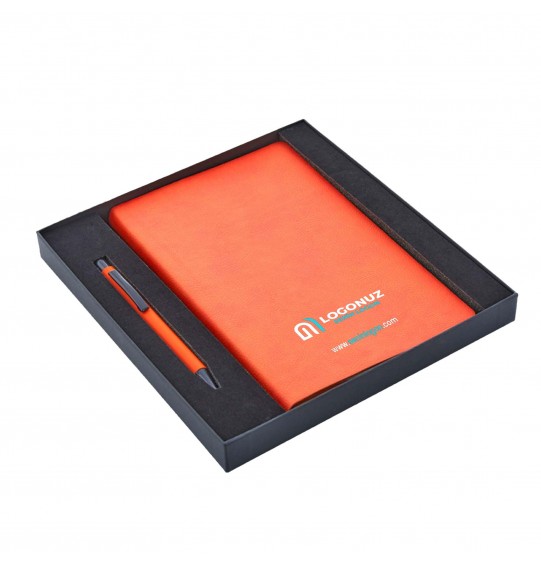 MGA-Z2280-K Turuncu Hediyelik Set-Not Defteri-Metal Tükenmez Kalem