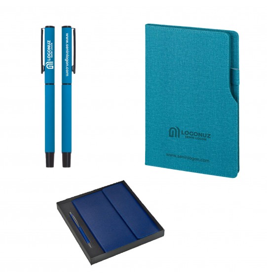 MGA-Z2320-K Turkuaz Hediyelik Set -Termo Deri Not Defteri USB - Metal Tükenmez Kalem Roller
