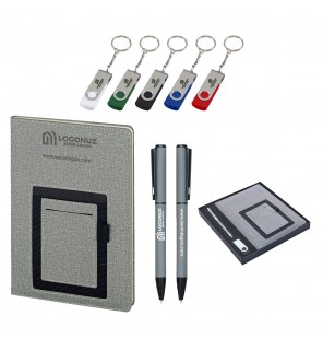 MGA-Z2420-K Gri Hediyelik Set -Cepli Not Defteri - Metal Tükenmez Kalem - USB Bellek