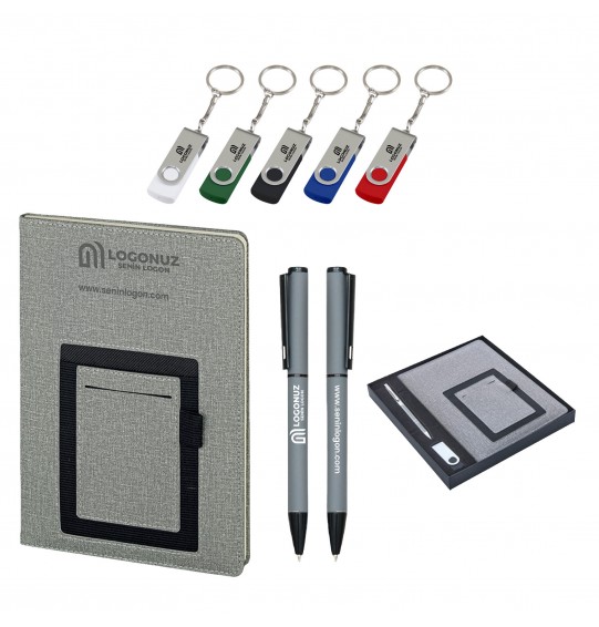 MGA-Z2420-K Gri Hediyelik Set -Cepli Not Defteri - Metal Tükenmez Kalem - USB Bellek