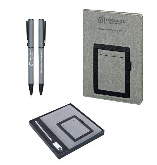MGA-Z2420-K Gri Hediyelik Set -Cepli Not Defteri - Metal Tükenmez Kalem - USB Bellek