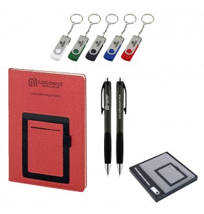 MGA-Z2420-K Kırmızı Hediyelik Set -Cepli Not Defteri - Metal Tükenmez Kalem - USB Bellek