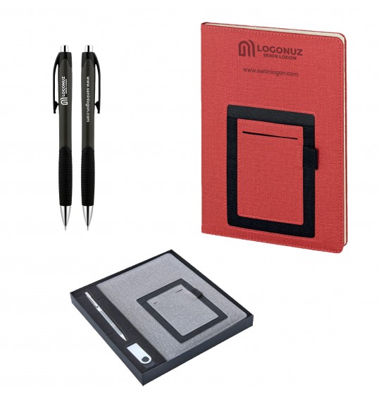 MGA-Z2420-K Kırmızı Hediyelik Set -Cepli Not Defteri - Metal Tükenmez Kalem - USB Bellek