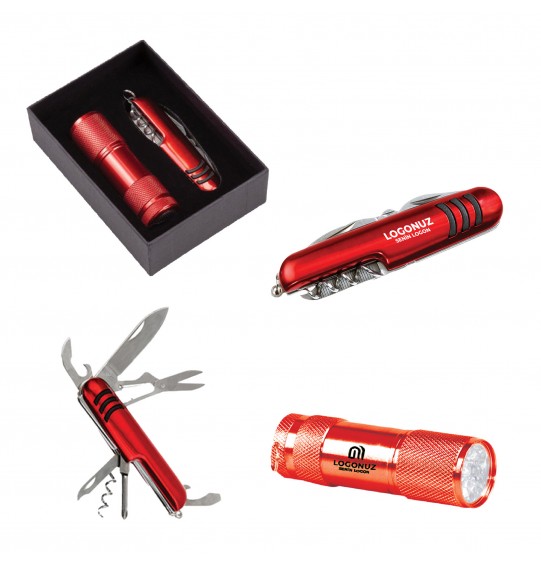 MGA-Z5041 Kırmızı Hediyelik Set 7 Fonksiyonlu Çakı - Led El Feneri