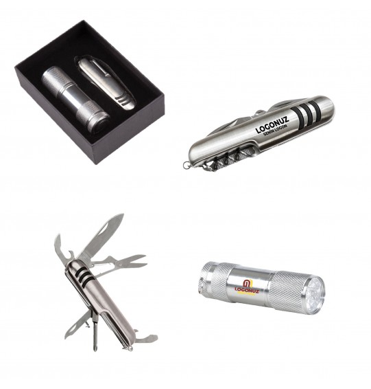 MGA-Z5041 Krom Hediyelik Set 7 Fonksiyonlu Çakı - Led El Feneri