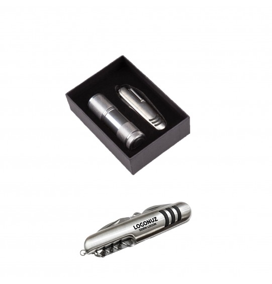 MGA-Z5041 Krom Hediyelik Set 7 Fonksiyonlu Çakı - Led El Feneri