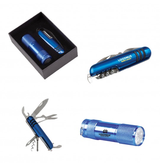 MGA-Z5041 Mavi Hediyelik Set 7 Fonksiyonlu Çakı - Led El Feneri