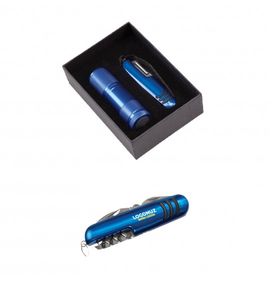 MGA-Z5041 Mavi Hediyelik Set 7 Fonksiyonlu Çakı - Led El Feneri