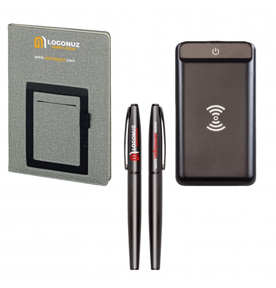 MGA-Z5054 Siyah Hediyelik Set - 10.000 Mah Powerbank -Defter - Metal Roller Kalem