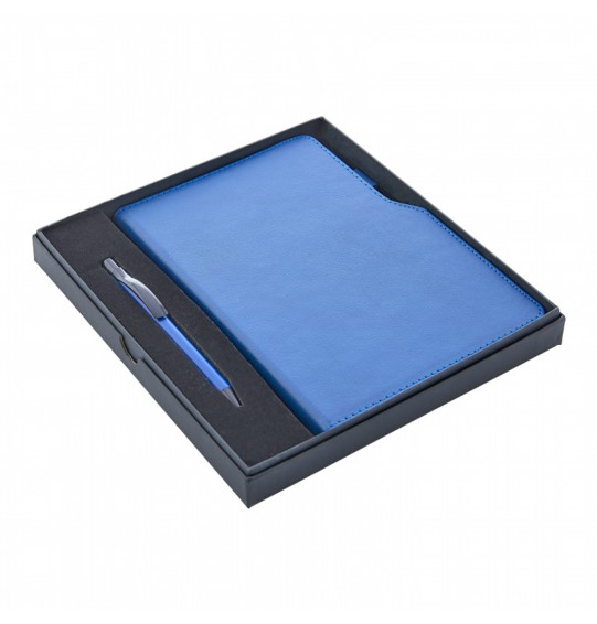 941-K Lacivert Hediyelik Set - 15x21 Renkli Kenar Not Defteri Metal Tükenmez Kalem