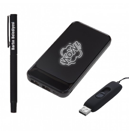 5057 Siyah Hediyelik Set - LED Işıklı 10.000mAh Powerbank - Usb Bellek - Rubber Metal Kalem