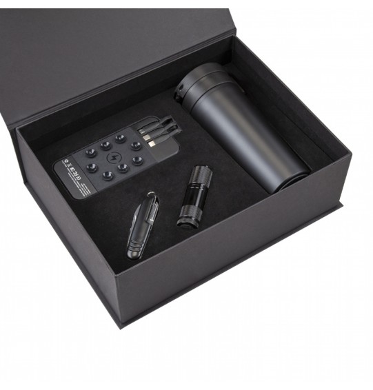 5067 Siyah - Siyah Mug Hediyelik Set - Powerbank - Çakı - Fener - Termos Seti