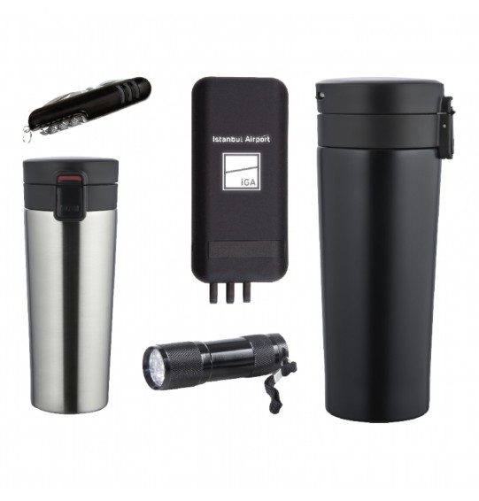 5067 Siyah - Krom Mug Hediyelik Set - Powerbank - Çakı - Fener - Termos Seti